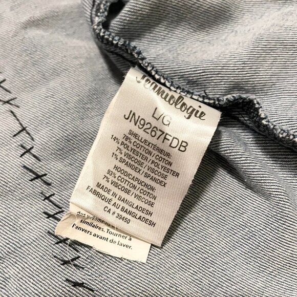 Jeaniologie Altered Jean Denim Jacket Dont Talk to Strangers Patch Sz Large - Picture 16 of 16